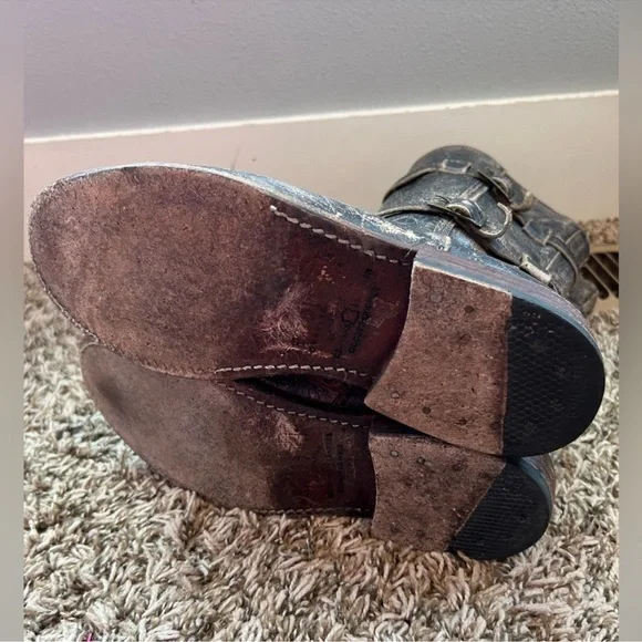 BED|STU Distressed Black and Brown Leather Turn-mid calf Moto Boots - Picture 5 of 6